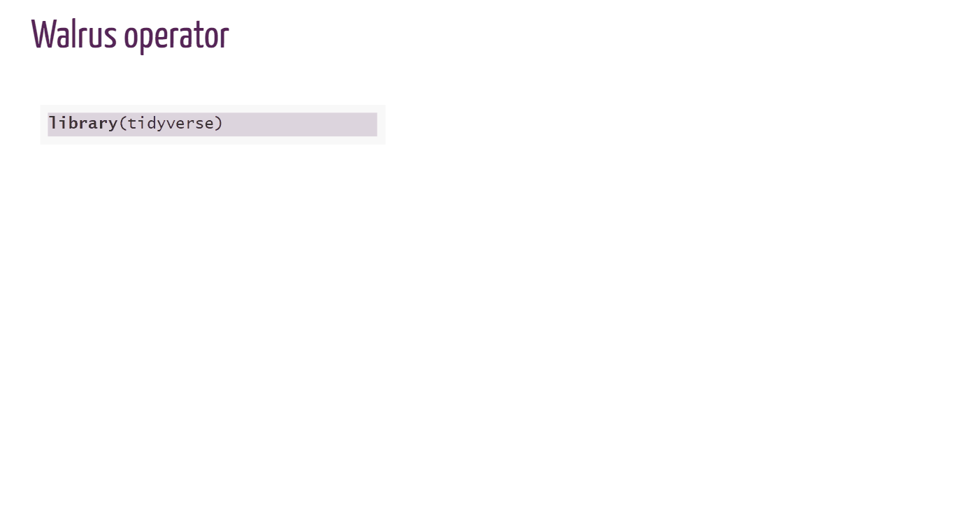 Animated code gif with R-Ladies purple styling demonstrating the walrus operator