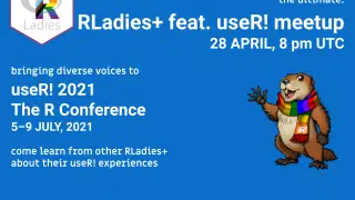 Promotional image for an RLadies+ feat. useR! meetup on April 28th at 8 pm UTC, hosted by RLadies+ chapters in Vitória, Bangalore, East Lansing, Tunis, Guayaquil, Cuenavarca, Santa Rosa & Den Bosch.