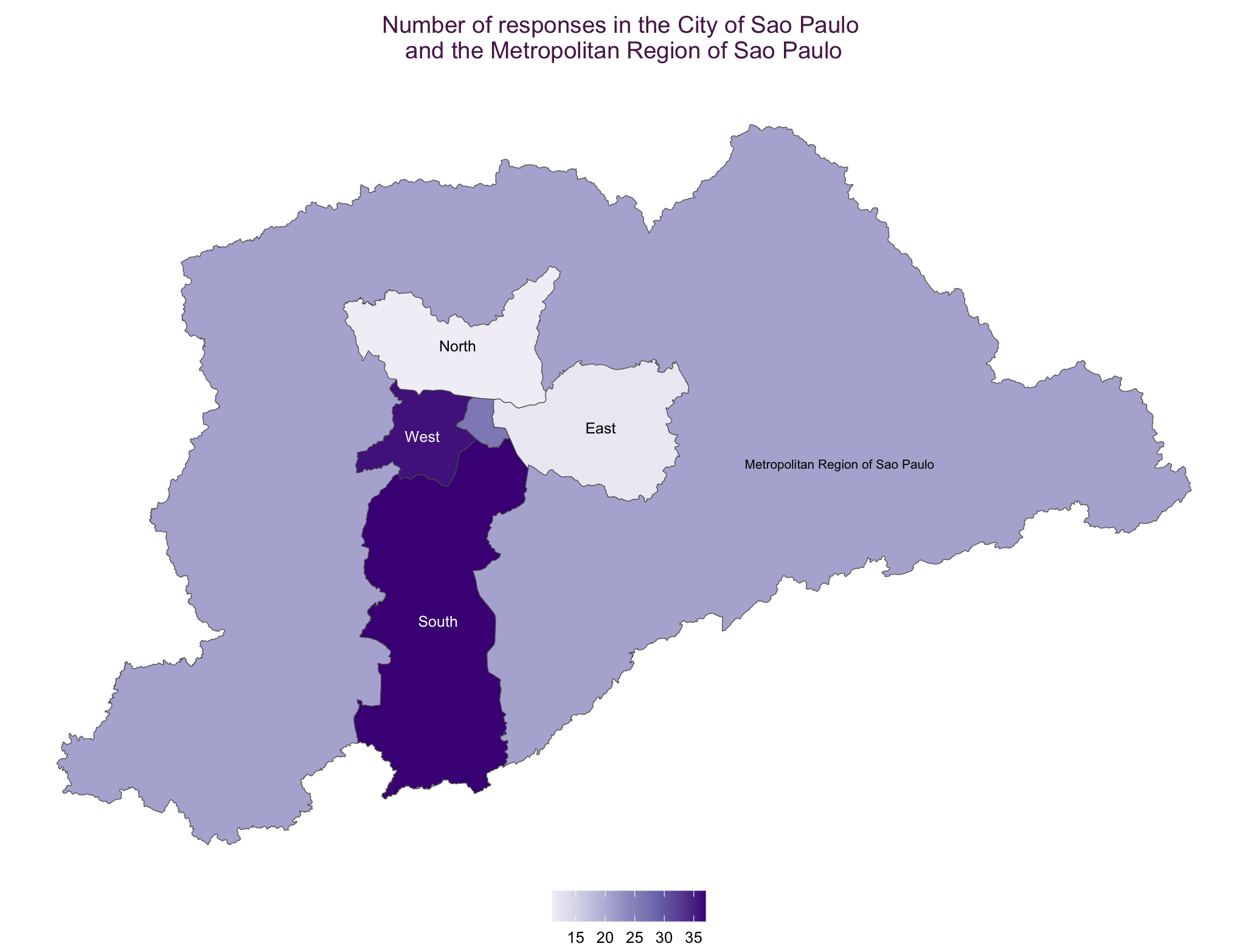 Map of the City of São Paulo divided by region, with dots concentrated in the South and West areas