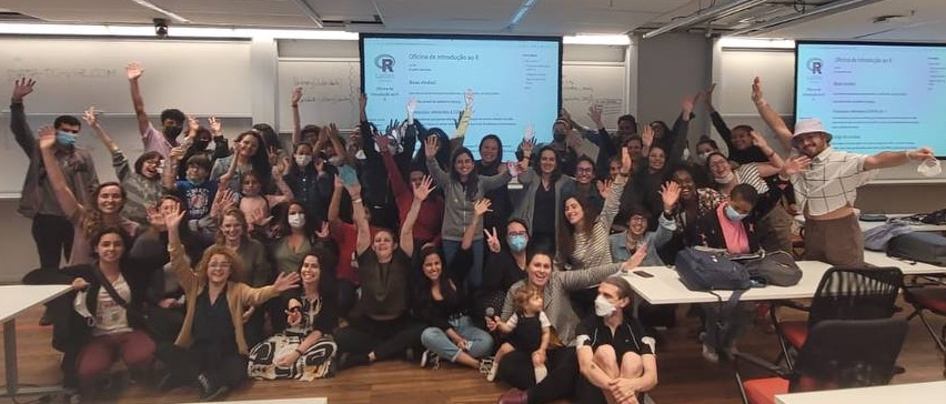Group of R-Ladies São Paulo participants smiling together at a community event