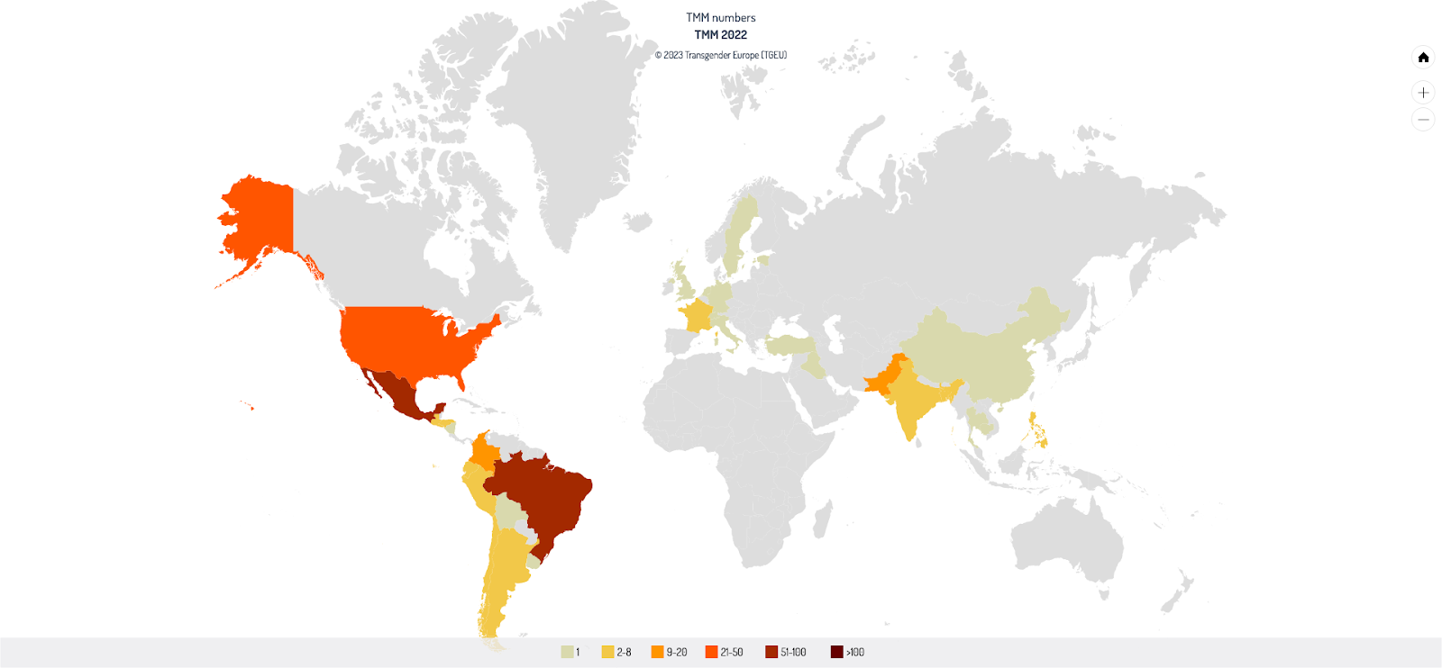 World map with results from the Trans Murder Monitoring in 2022: Brazil is the country with the highest number of murders, followed by México