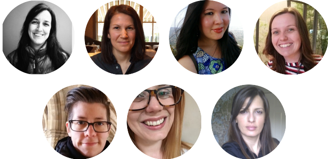 The founding members of RLadies+ Global: Gabriela de Queiroz, Erin LeDell, Chiin-Rui Tan, Alice Daish, Hannah Frick, Rachel Kirkham, and Claudia Vitolo
