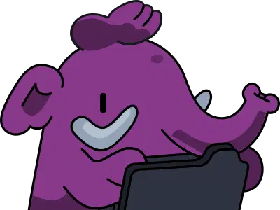 Mastodon elephant mascot in R-Ladies purple